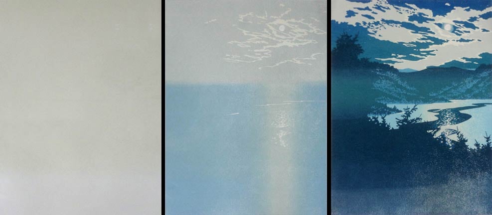 Moonlight Lead impressions 1-4, linocut print by William H. Hays