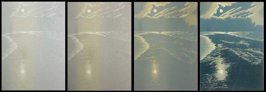 Moonlight Coast impressions 1-6, linocut print by William H. Hays