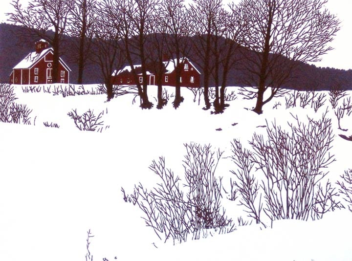 Jim's Farm II, linocut print by William H. Hays