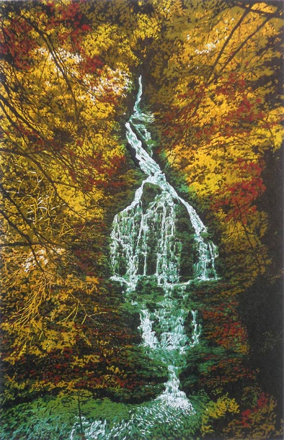 Deep Wood Falls, linocut print by William H. Hays