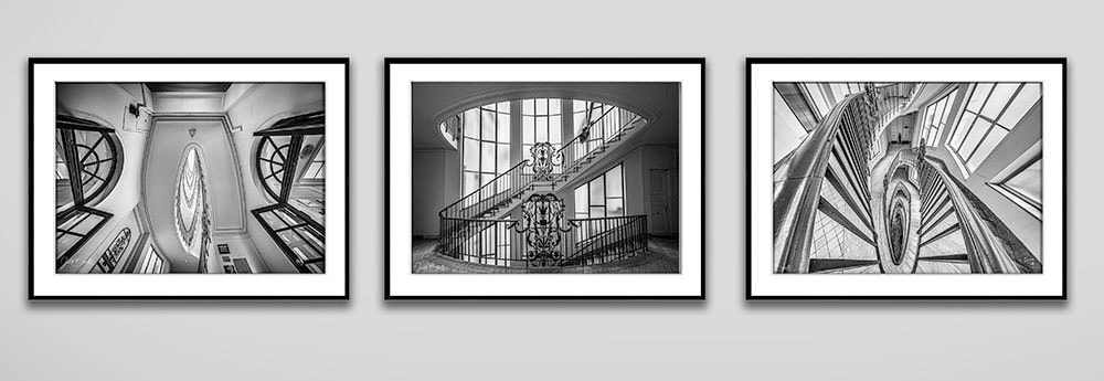 Three B&W staircase photos in frame