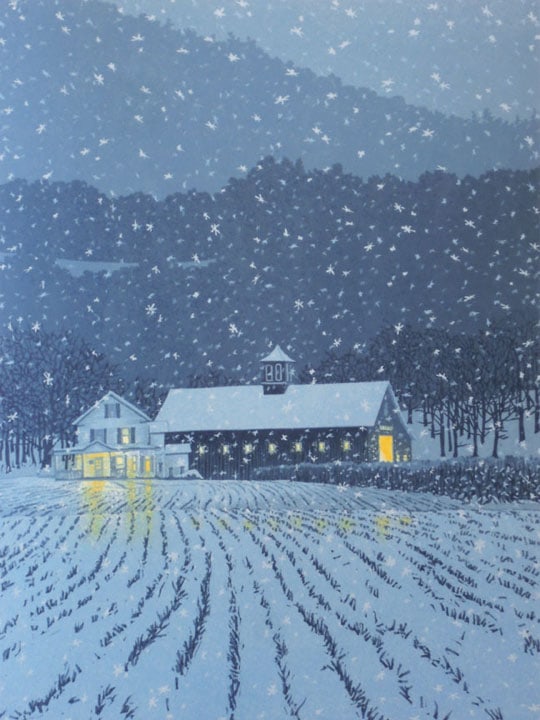 First Snow, linocut print by William H. Hays