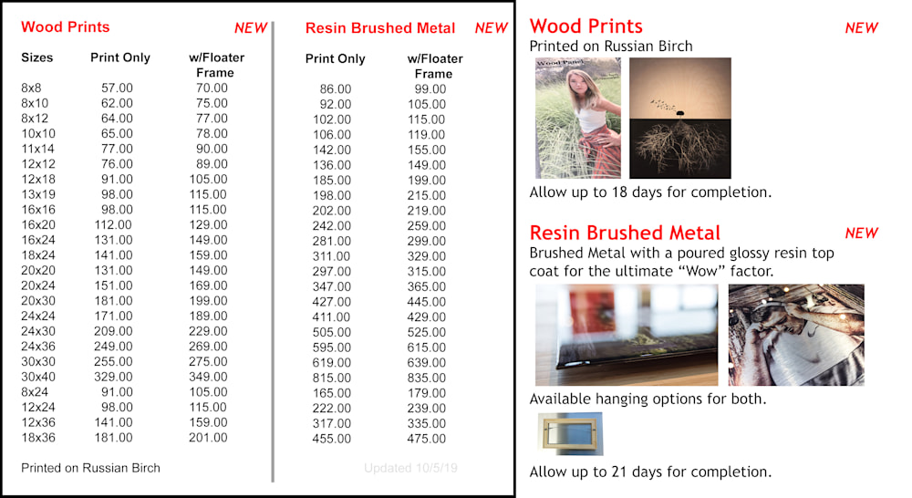 Wood & Resin Metal Pricing