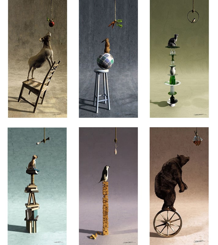 6 images of animals balancing on different objects, trying to get at a prize.