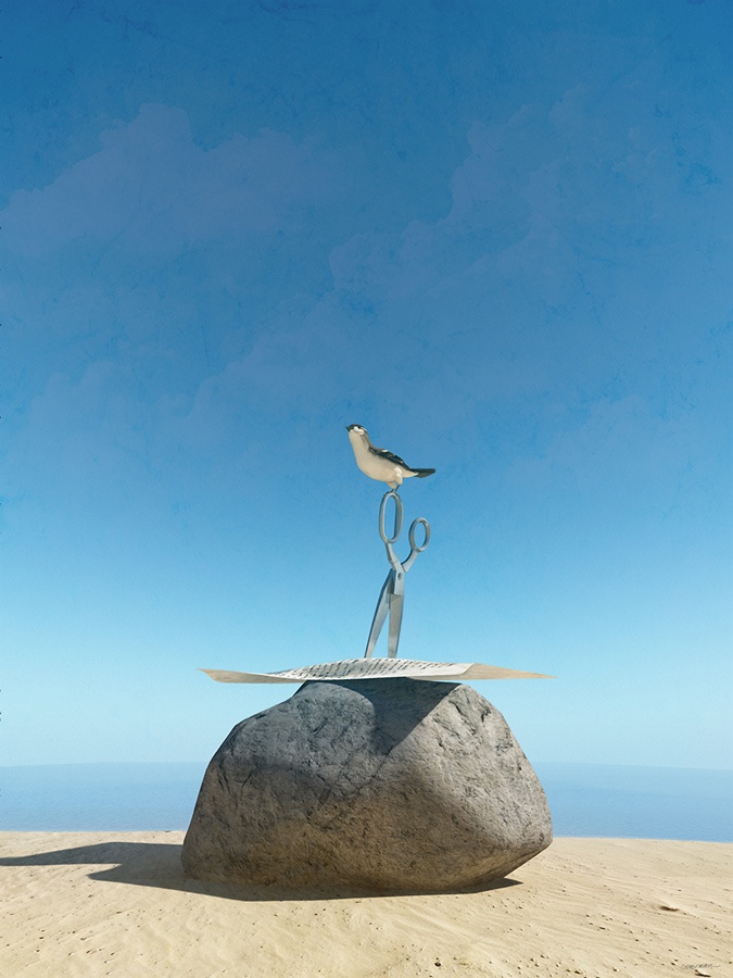 An image of a beach. In the foreground there is a rock with a sheet of paper on it, pinned down by a pair of scissors. A bird has landed on the handle of the scissors.