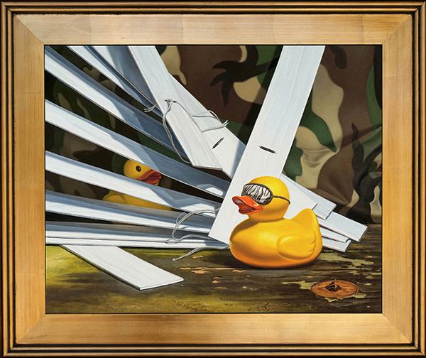 Duck Blind is a painting with a rubber duck pun by Kevin Grass