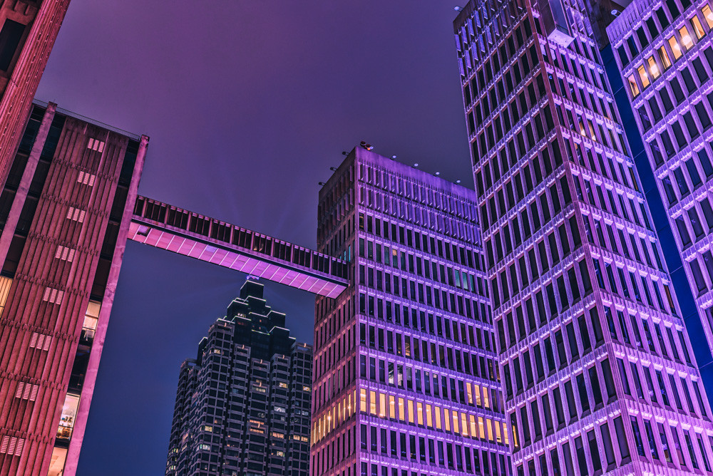 A purple hue surrounds the buildings in downtown Atlanta