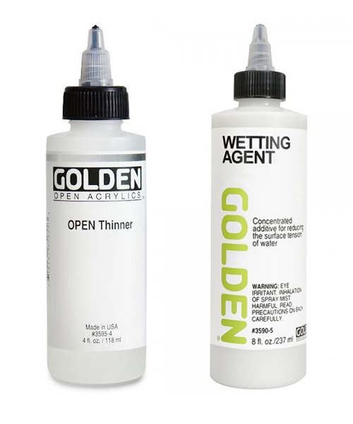 Golden Open paint thinner and wetting agent bottles