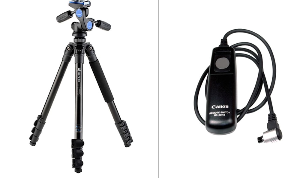 Benro Mach3 tripod and Canon rs-80n3 cable release.
