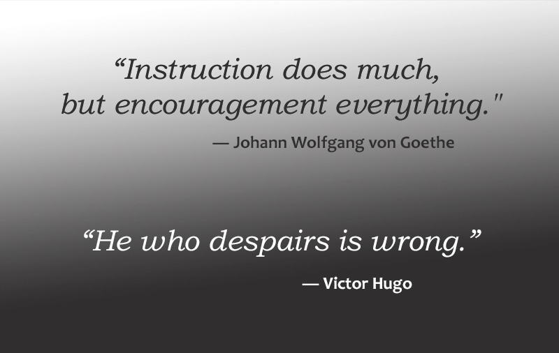 "Instruction does much, but encouragement everything" - Johann Wolfgang von Goethe  "He who despairs is wrong."  - Victor Hugo