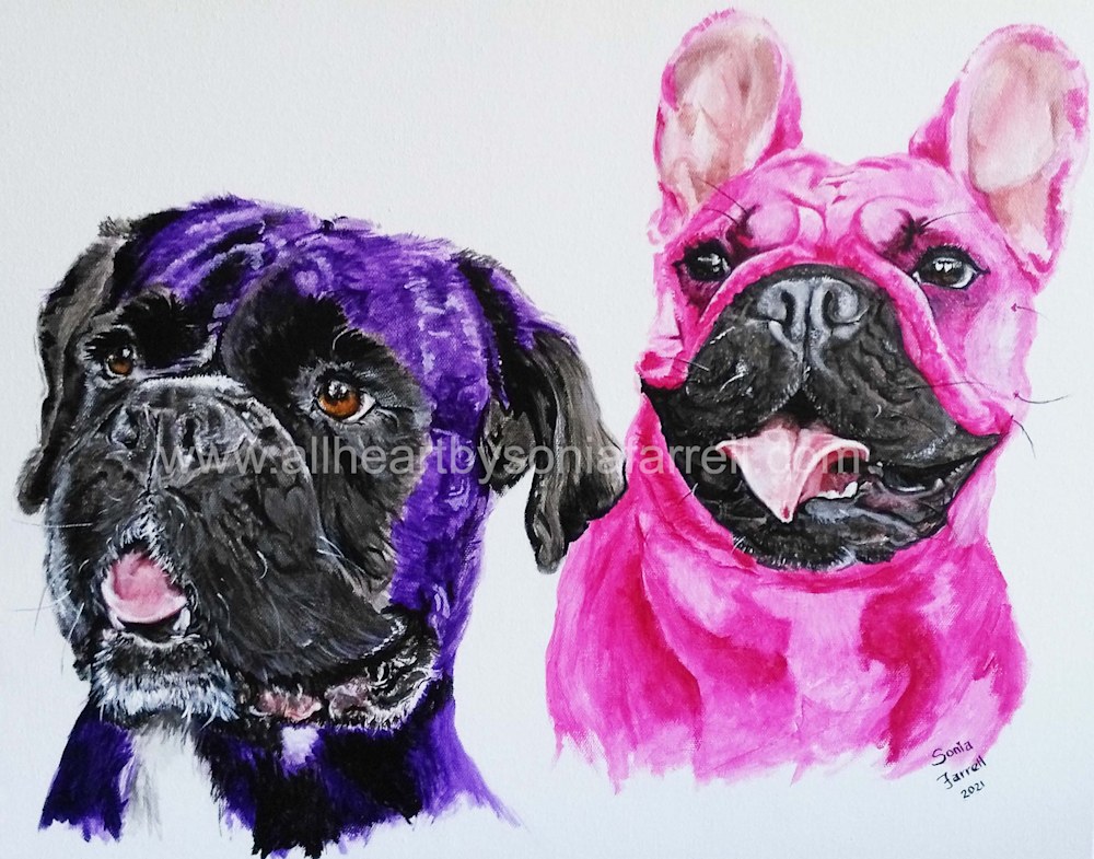 colourful dog painting of a boxer and French Bulldog by artist Sonia Farrell