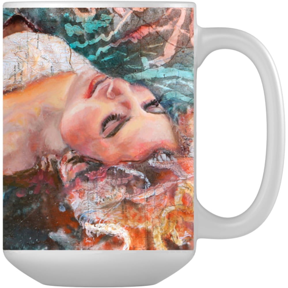 Mug with image of painting called Rise on it. Woman floating on waves mountains