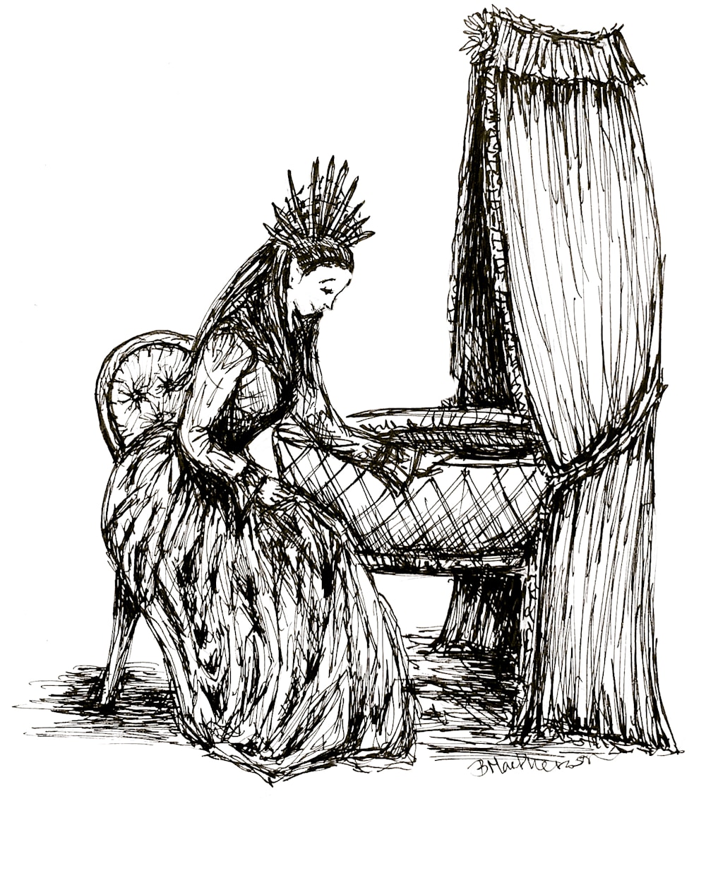 Elven Queen looks into an ornate Victorian style crib at a changeling baby.