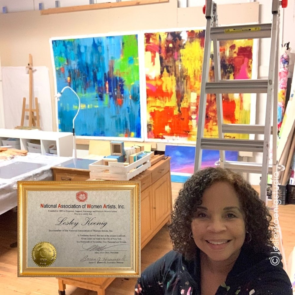 Contemporary artist Lesley Koenig in studio. She was voted into The National Association Of Women Artists (NAWA) in 2016.