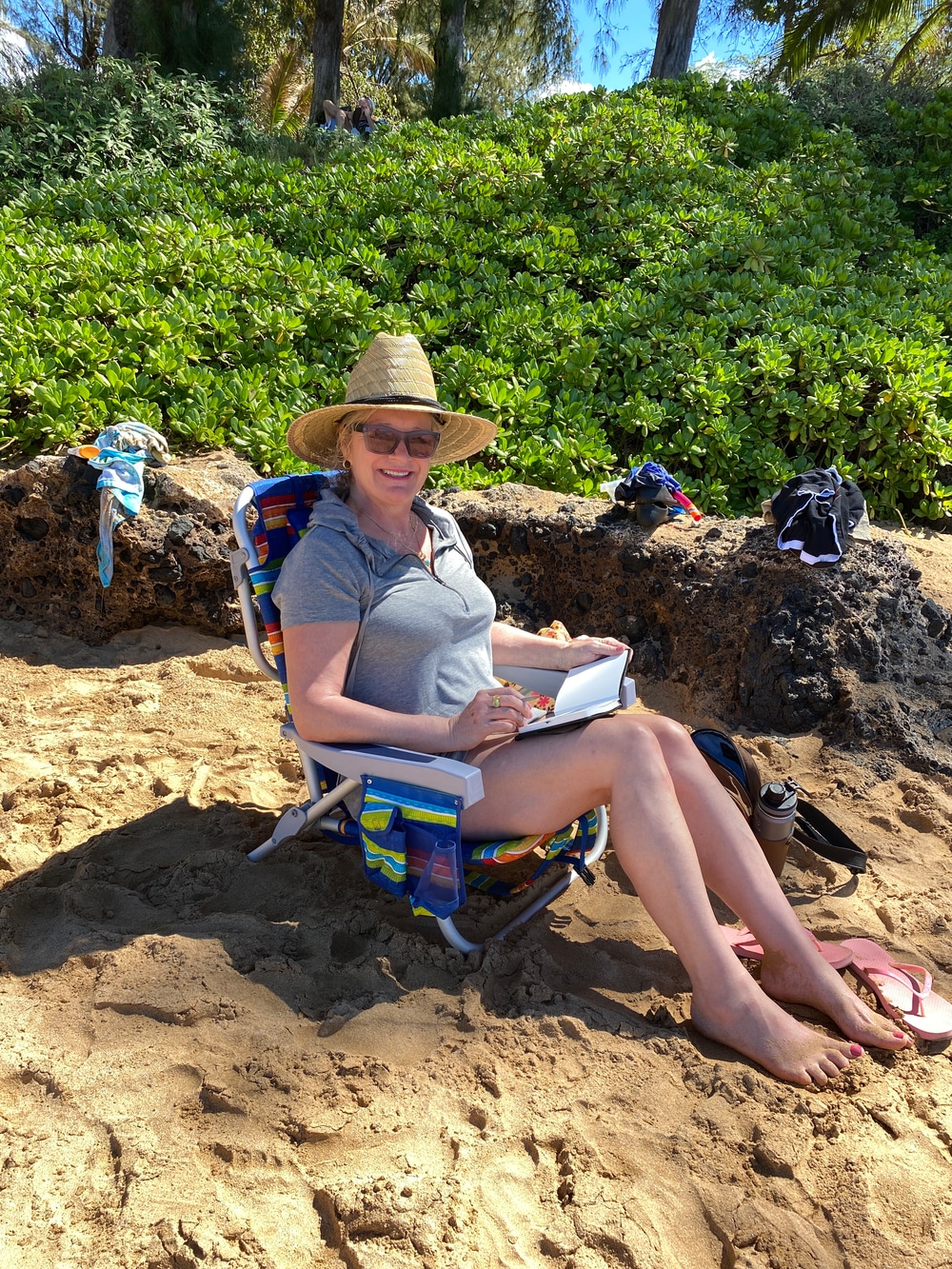 Kathy sketching on beach Kihei, Maui, Hawaii Nov.2021