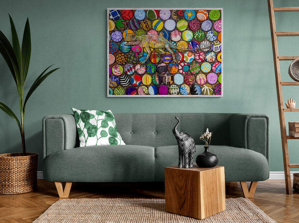 agama lizard print with Malawian bottle caps