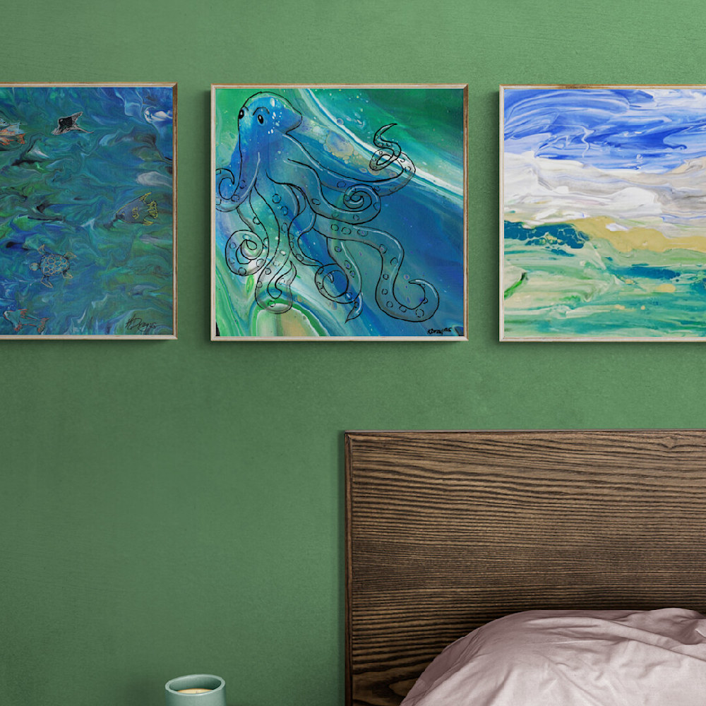 A group of three pieces with mostly blue and green.