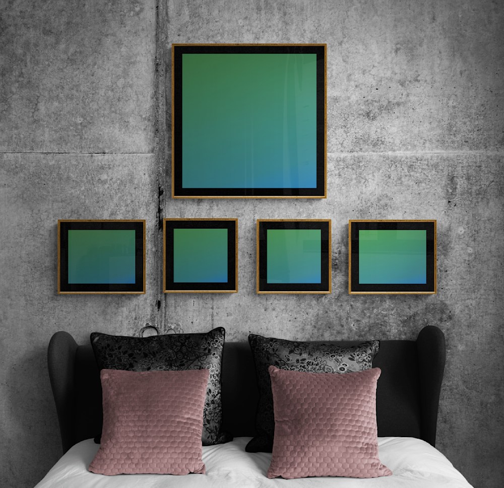 This grouping of artwork shows one larger piece above a row of four smaller pieces that are evenly spaced.