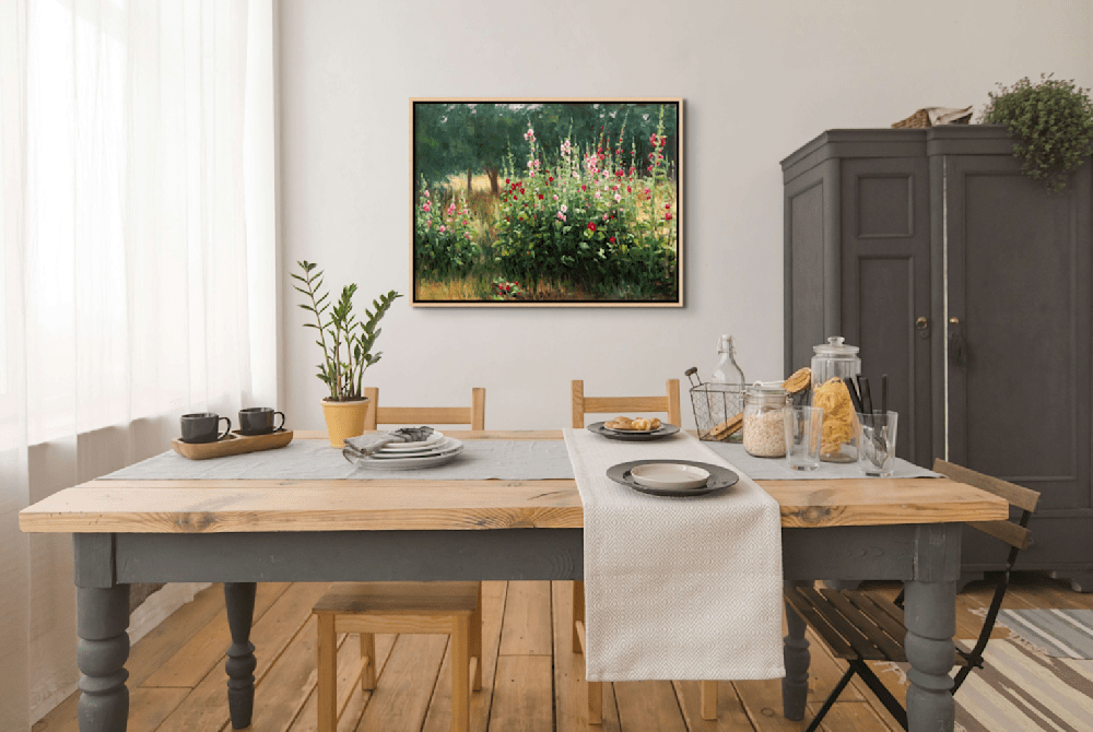 Spring Hollyhocks by Karl Thomas print room mockup