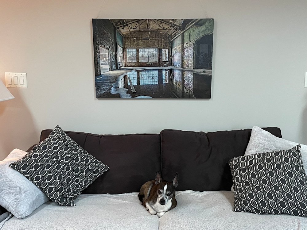 A canvas print hanging over a couch