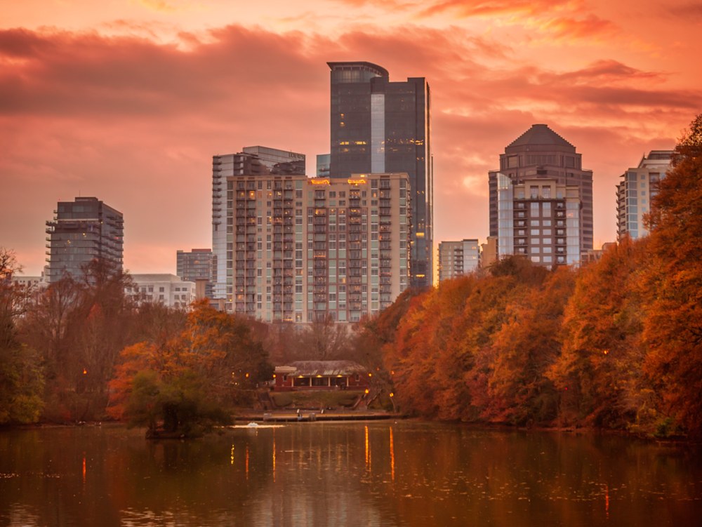 Atlanta photographer and a colorful fall photo of Piedmont Park's Lake Clara Meer and the City of Atlanta