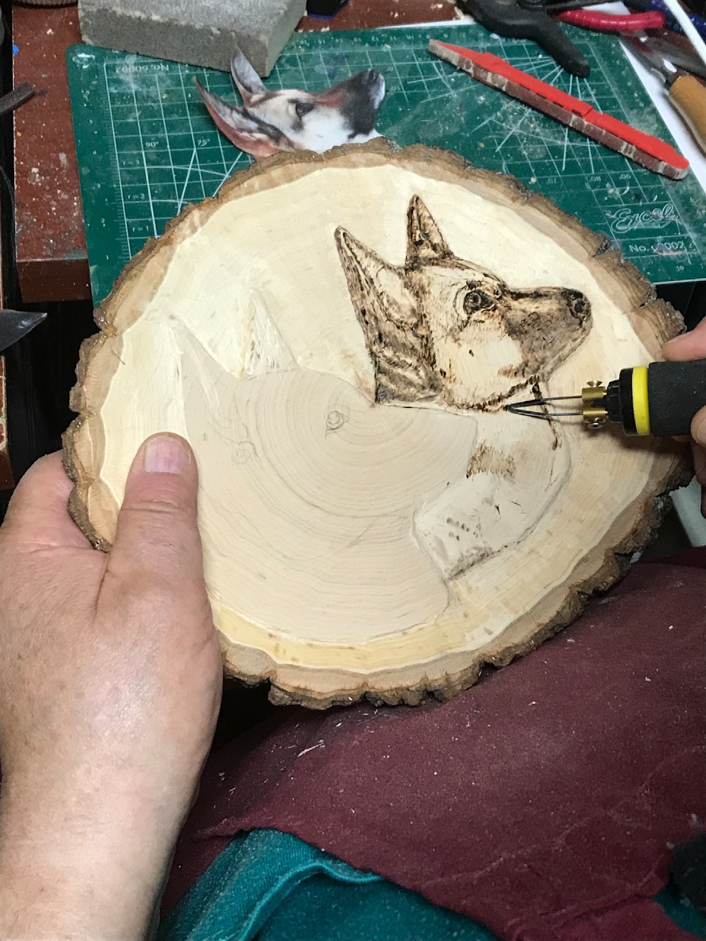 Wood burning  a carving of my wifes two dogs.