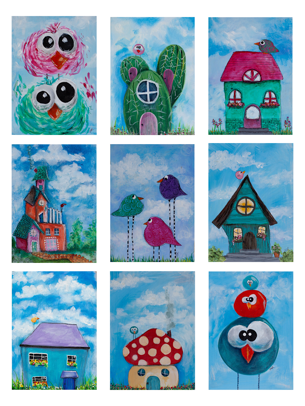 Poster of 9 paintings of houses and birds