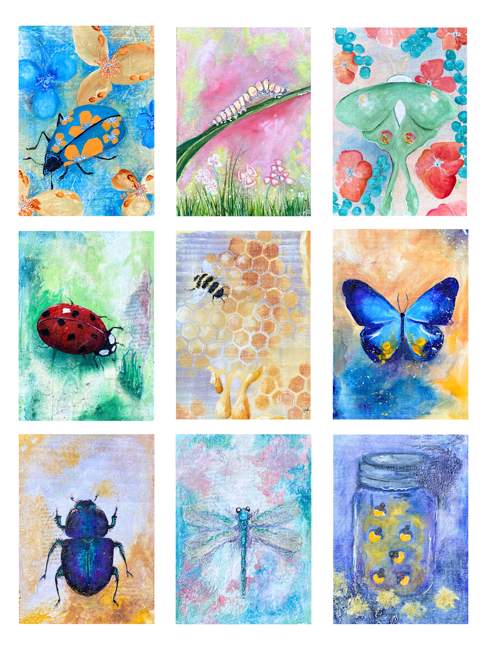 poster of nine insect paintings