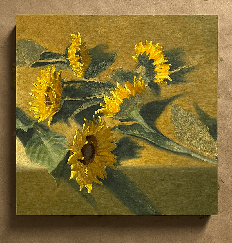 Sunflower Painting called Fab Five. Work in progress.