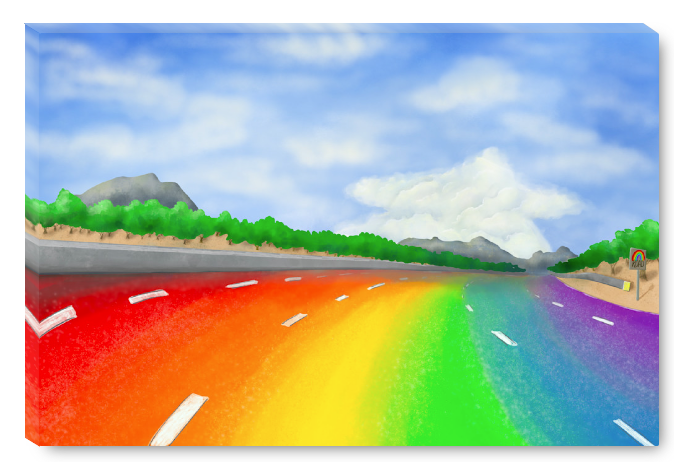 Rainbow Road shown on stretched canvas.