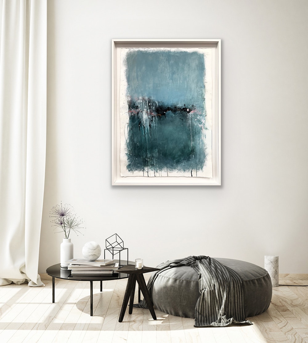 Photo of "It Has Rained for Five Days Running," original framed artwork on paper by Dawn Boyer. Blues, grays, abstract scene depicting rain and water with highlights of pink and silver shimmers.