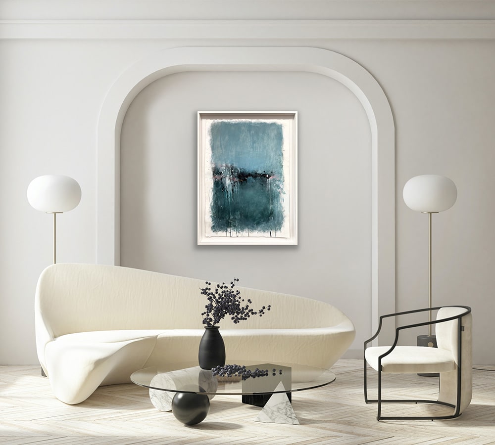 Photo of "It Has Rained for Five Days Running," original artwork on paper by Dawn Boyer, in a white living room with curved modern off white sofa, two white lamps, a chair, and vase of flowers on a coffee table. The painting sits in an arched recess behind the couch. Its colors are mostly gray blue and black, with highlights of pink and silver. It is meant to convey the feeling of rain and water.