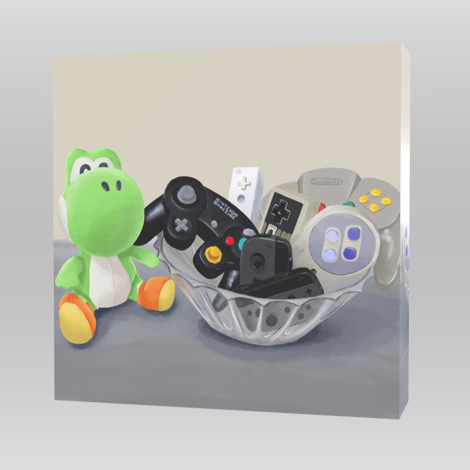 Yoshi's Controller Collection printed on a Gallery Wrapped Stretched Canvas.