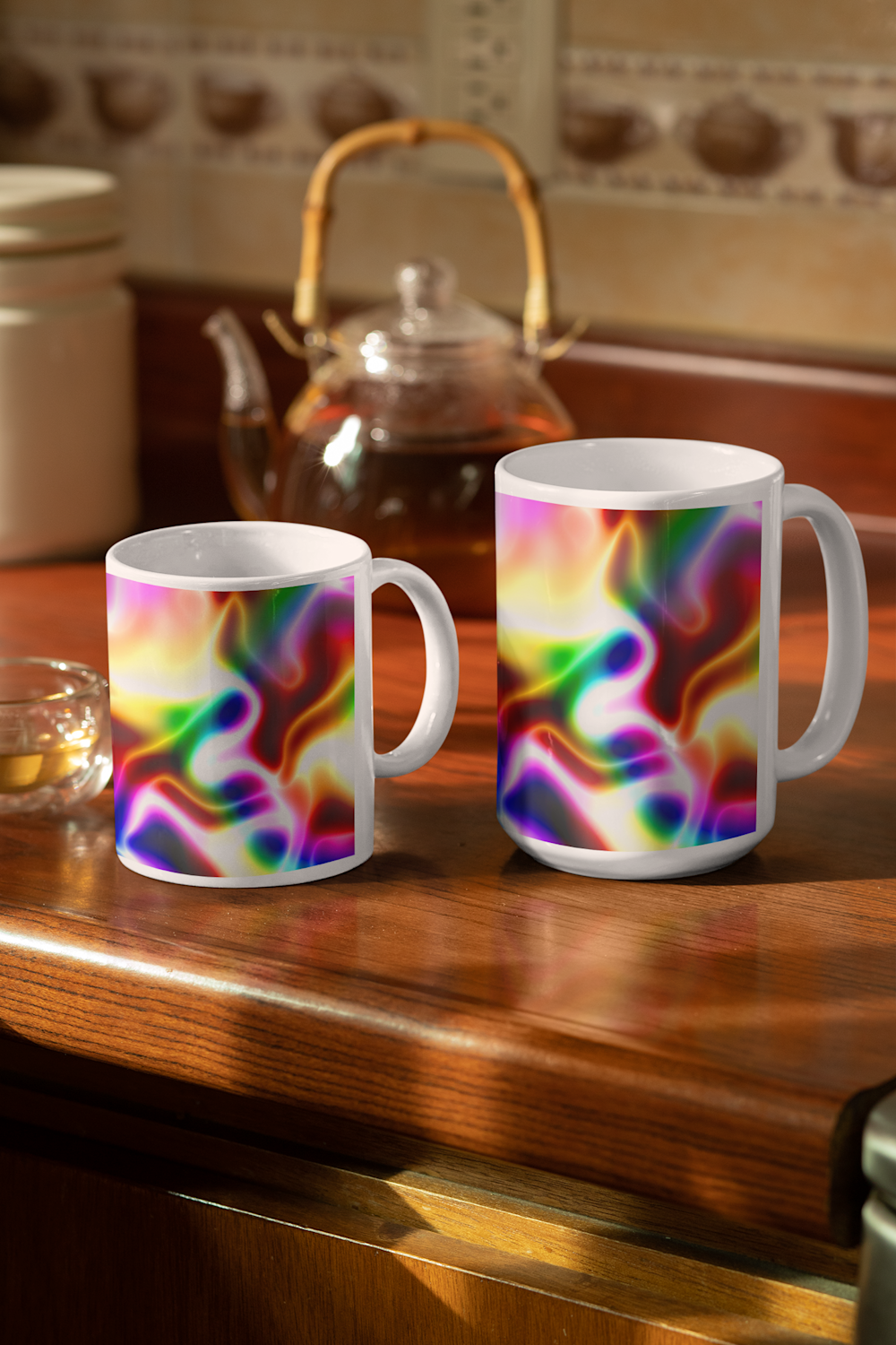 Two mugs available. 11 ounce and 15 ounce. 