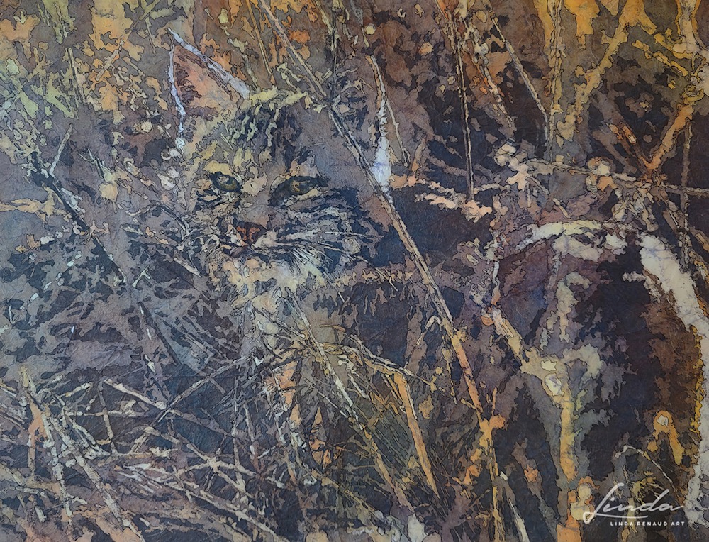 painting of bobcat walking into brush and looking back