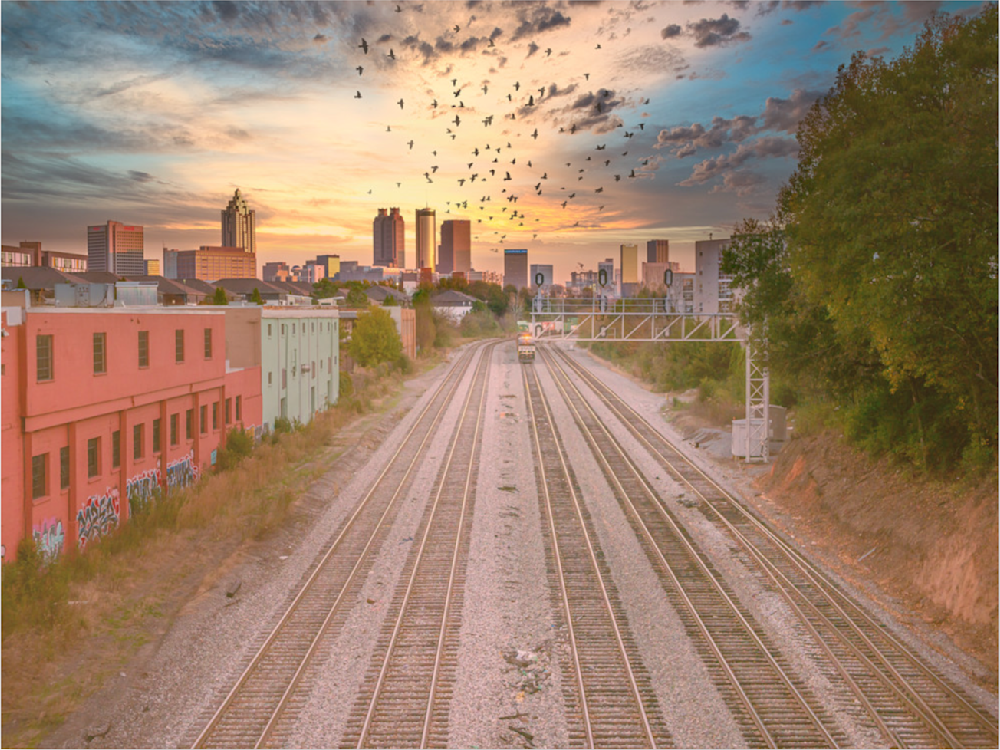 An Atlanta photographer's view of the City of Atlanta behind the railroad tracks
