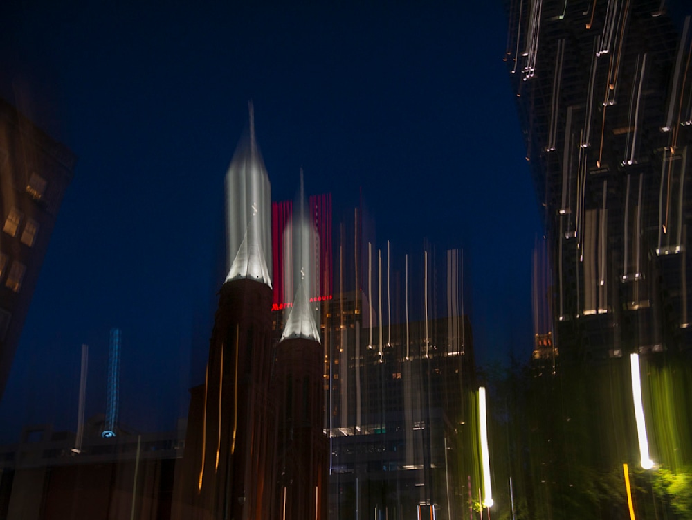 An Atlanta photographer plays with intentional camera movement for a nighttime photo of the Basilica downtown