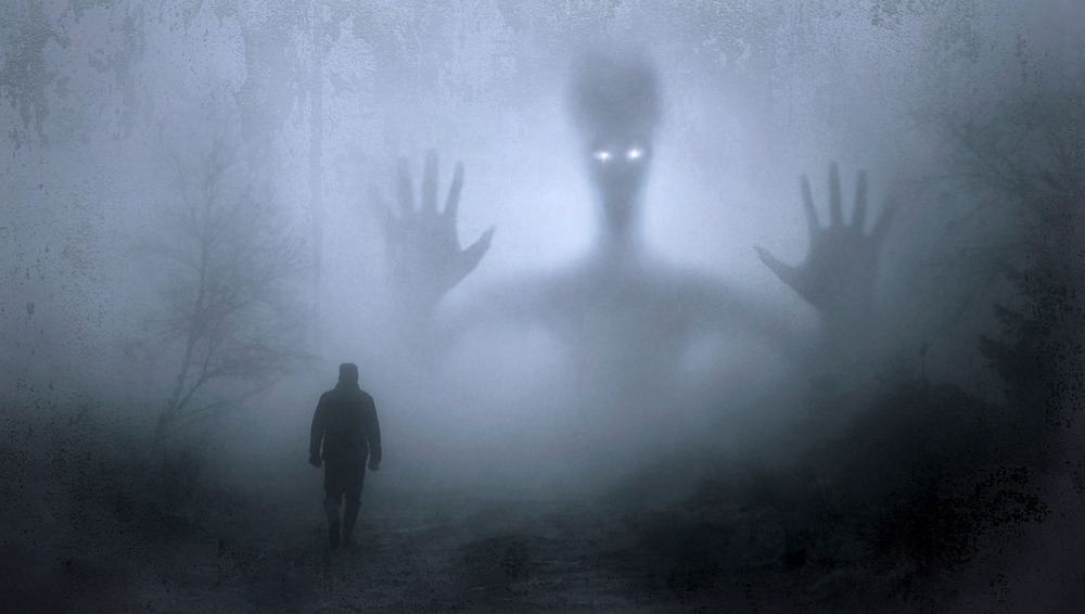 A misty scene where a figure walks in a wood. Behind a giant figure looms in.