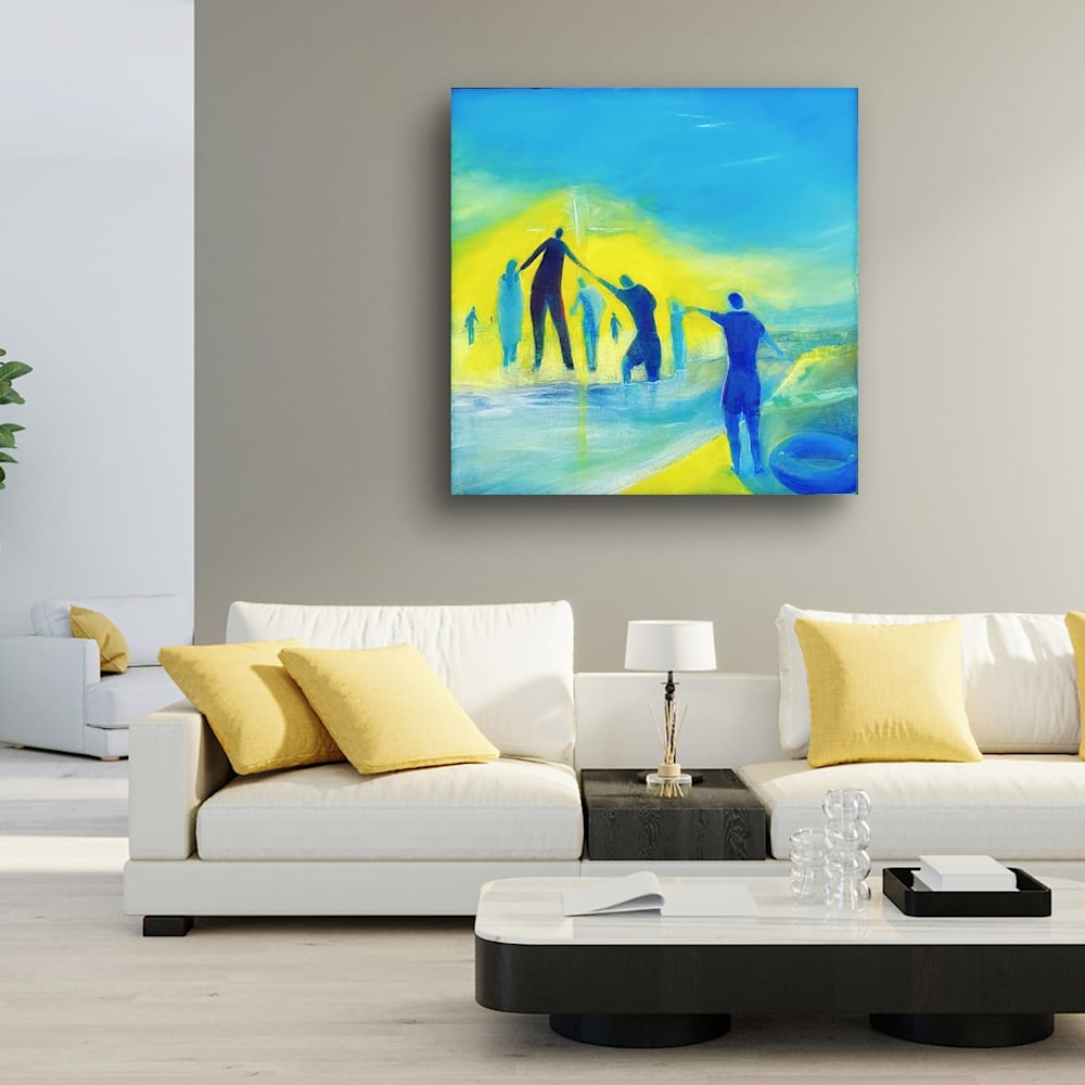 Blue and yellow abstract painting with human figures above cream sofa and yellow pillows