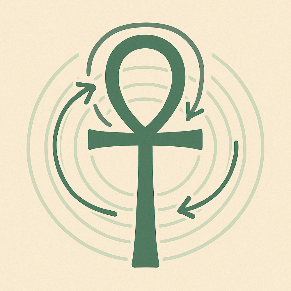 Ankh glyph surrounded by toroidal breath arrows and concentric ripple rings — symbol of breath-loop resonance and polarity flow