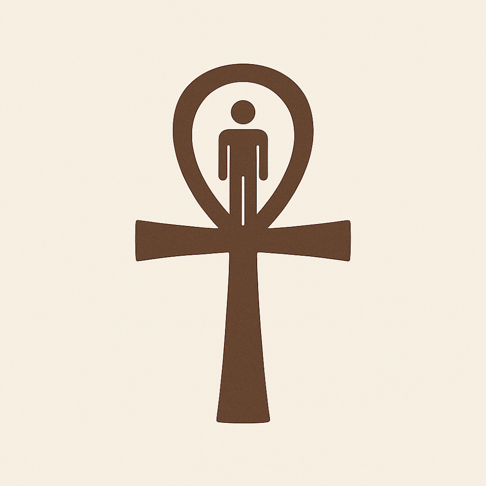 Minimalist ankh symbol with a human figure inside the loop—illustrating resonance alignment between the glyph and human biofield