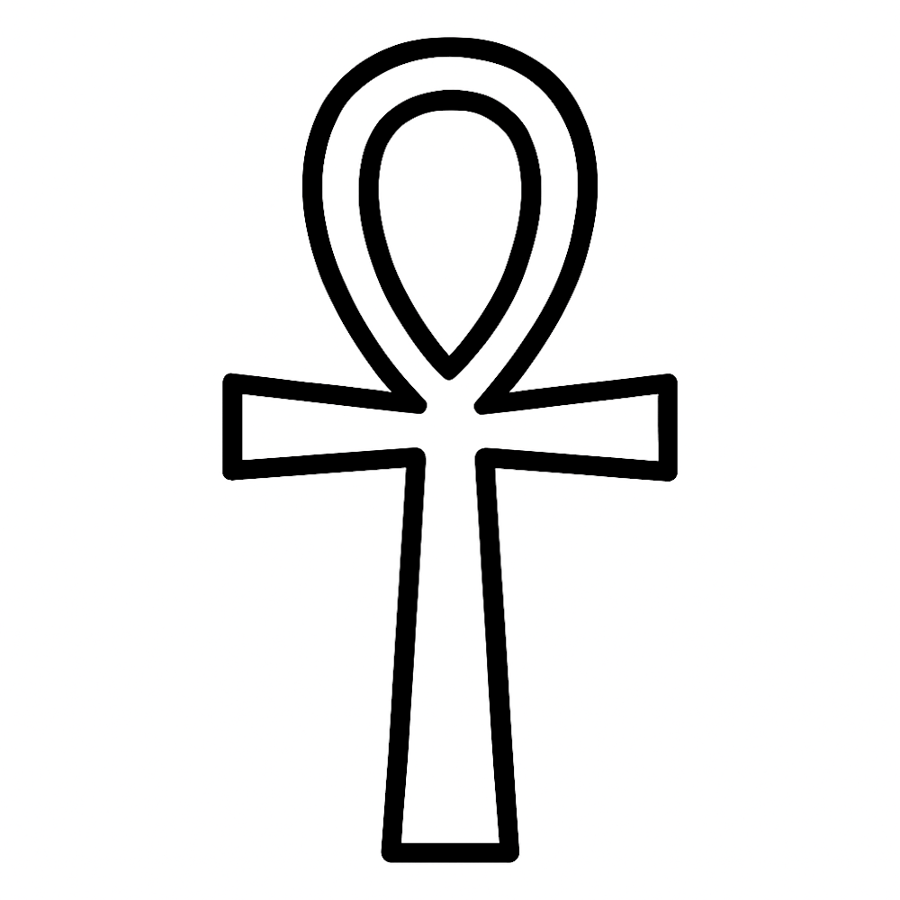 Black and white glyph of the Ankh — simple, open form symbolizing resonance, ritual, and field attunement in ancient Egyptian temples