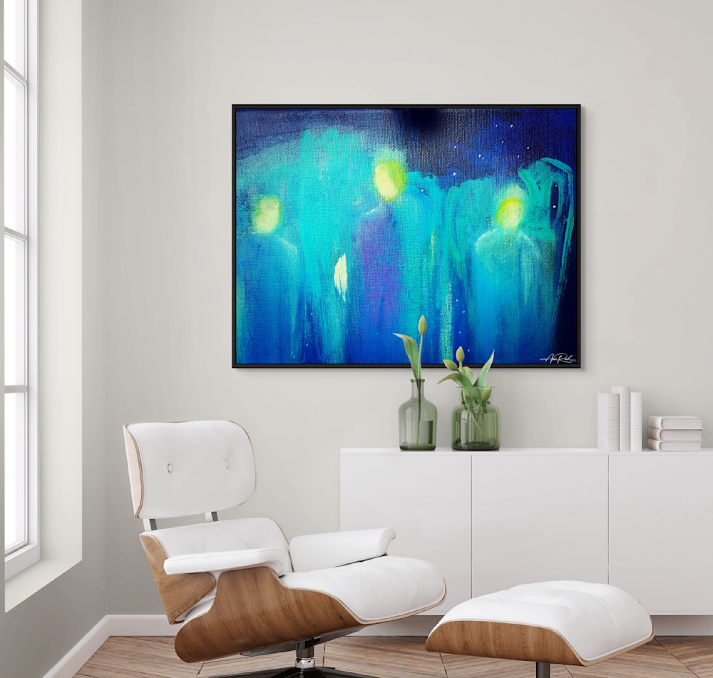 Three luminous abstract figures in teal and violet tones above white lounge chair and minimalist cabinet