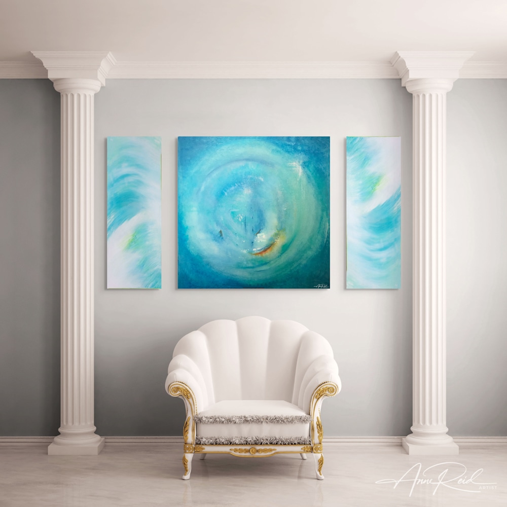 Abstract expressionist painting by Anne Reid Artist—Advent centered with Angelic prints on both sides in living room