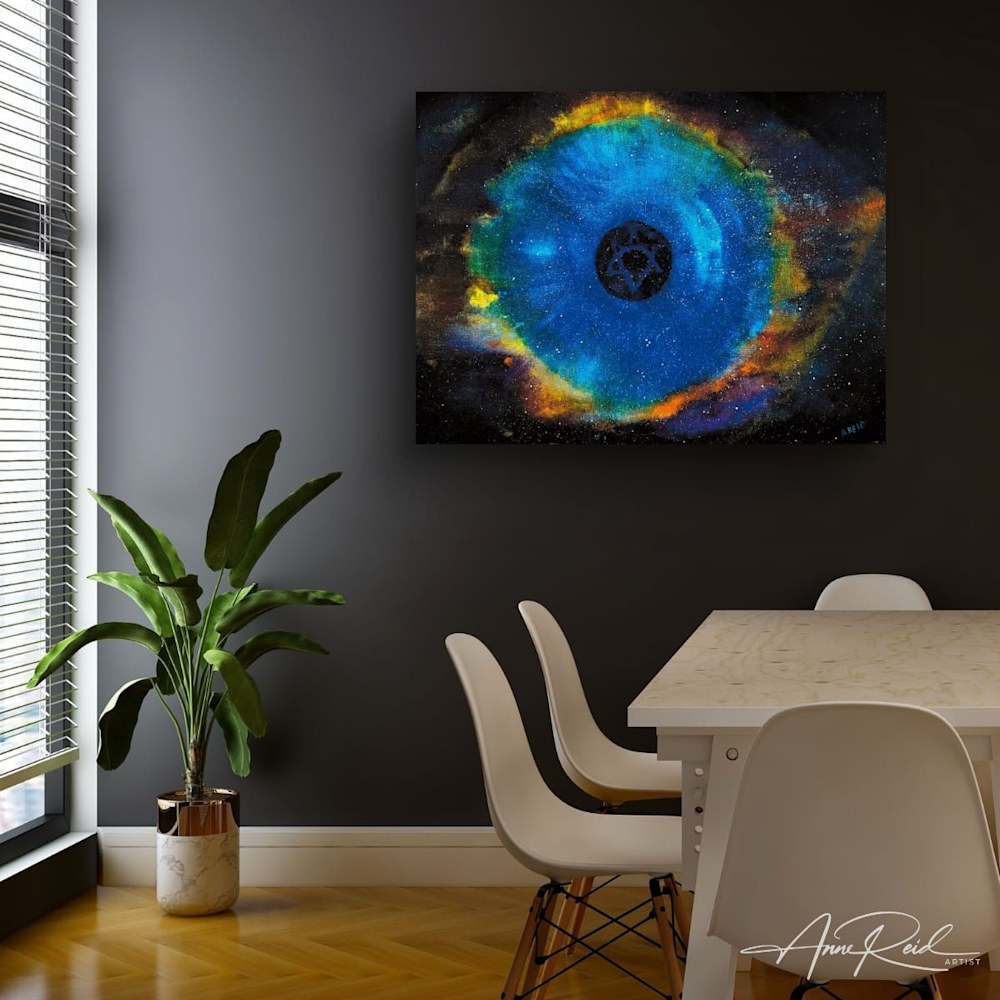 The Apple, print – Celestial Abstract for Modern Dining Spaces: Abstract expressionist painting by colorist Anne Reid Artist featuring a radiant blue helix nebula with a central Star of David on a dark cosmic background
