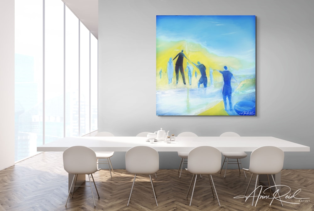 Spiritual abstract painting with blue and yellow figures above white dining table in modern office space