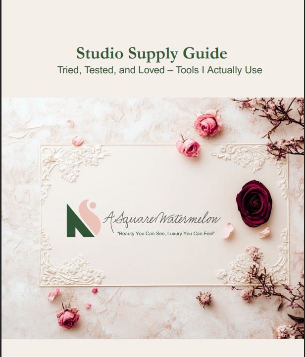 Cover of the Free Studio Supply Guide by ASquareWatermelon, featuring elegant embossed stationery with scattered roses and the ASquareWatermelon logo