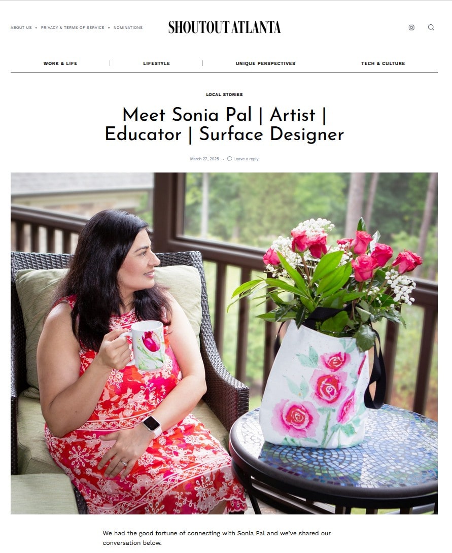 Sonia Pal sitting on a porch holding a floral mug, with a matching floral tote and bouquet of pink roses on the table, representing collaboration and licensing opportunities.