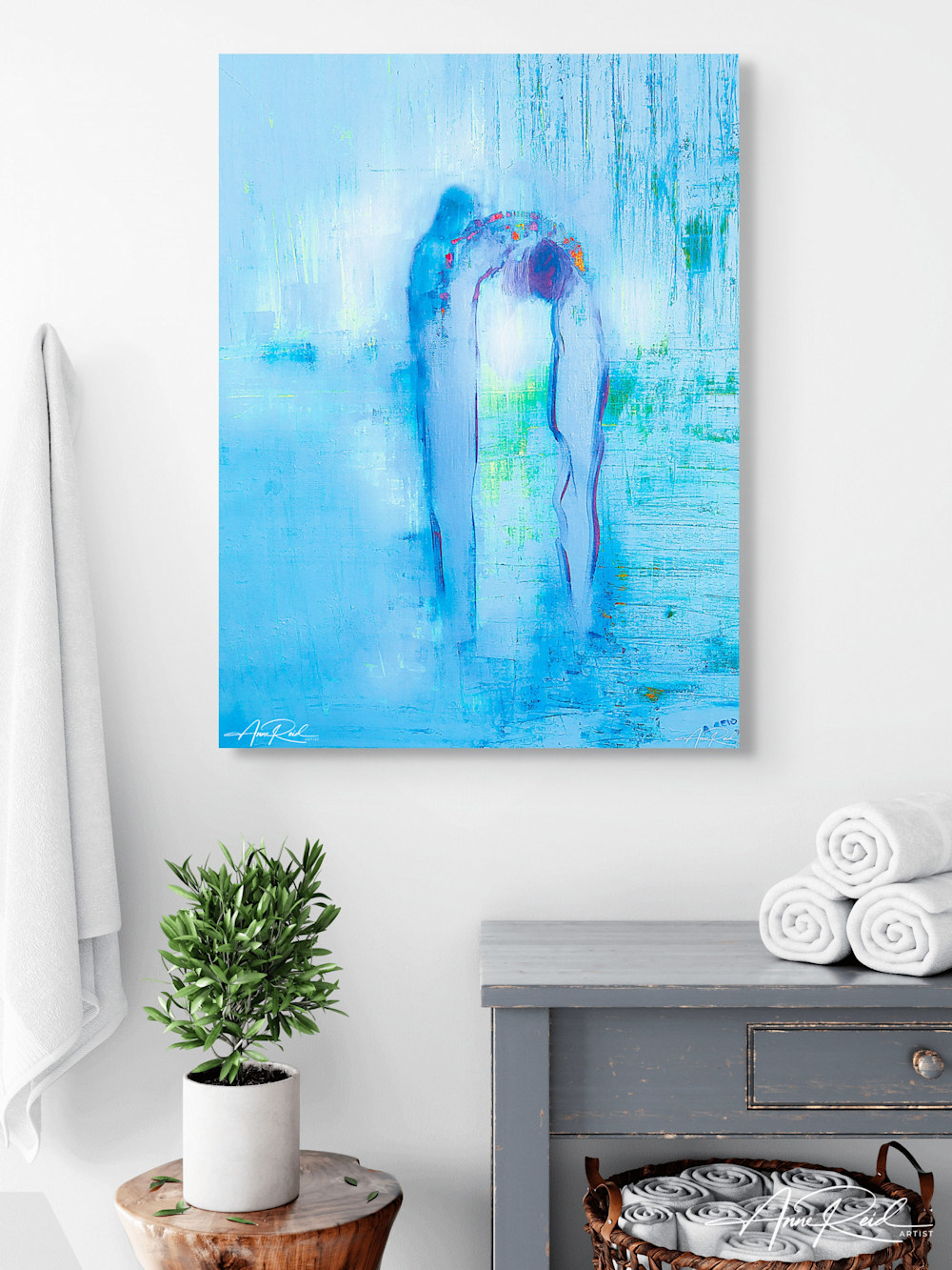 Abstract blue David & Samuel 6 print by Anne Reid Artist in spa-style room