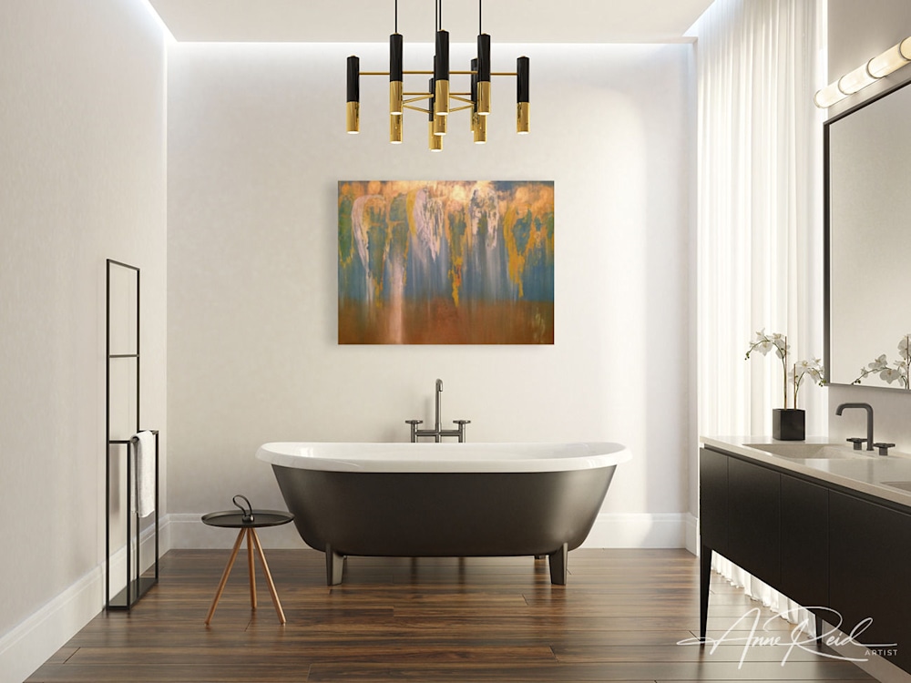 Abstract expressionist painting by Anne Reid Artist, featuring ethereal angelic forms and warm tones, part of Pantone Colour of the Year Collection 2024.